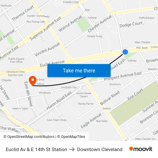 Euclid Av & E 14th St Station to Downtown Cleveland map