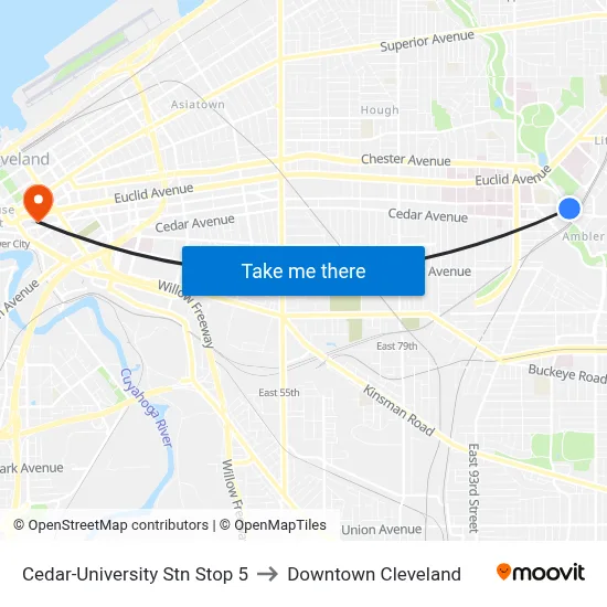 Cedar-University Stn Stop 5 to Downtown Cleveland map