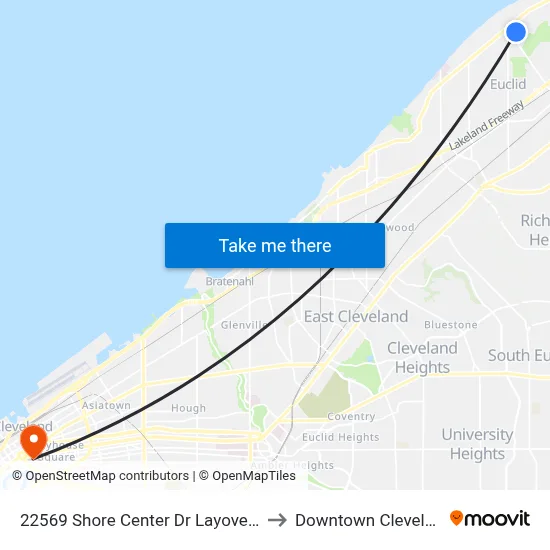 22569 Shore Center Dr Layover #3 to Downtown Cleveland map