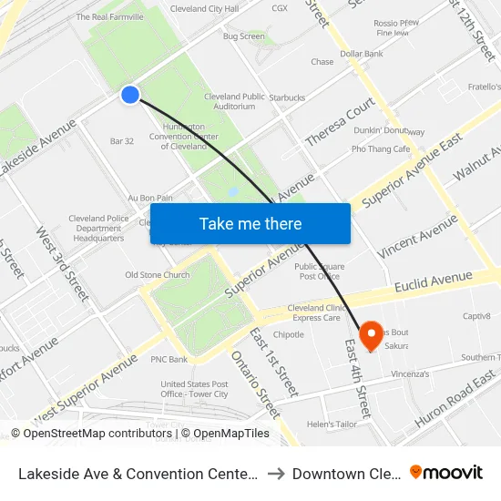 Lakeside Ave & Convention Center (W Mall Dr) to Downtown Cleveland map