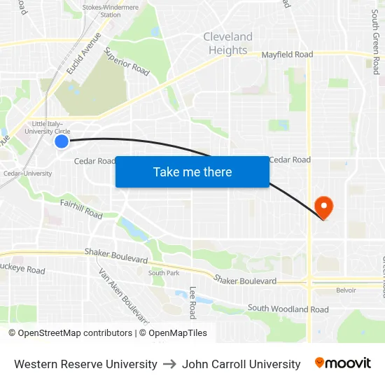 Western Reserve University to John Carroll University map