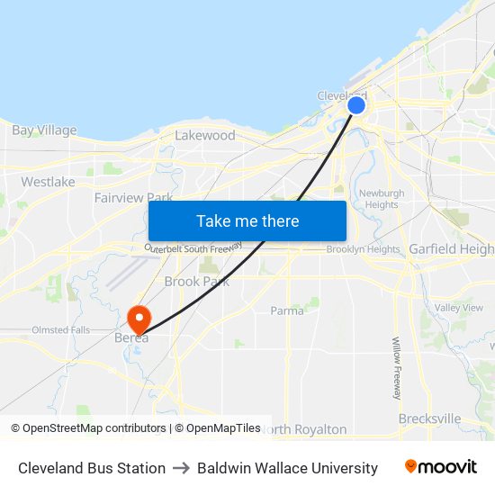 Cleveland Bus Station to Baldwin Wallace University map