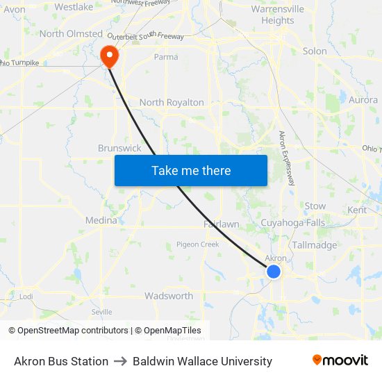 Akron Bus Station to Baldwin Wallace University map