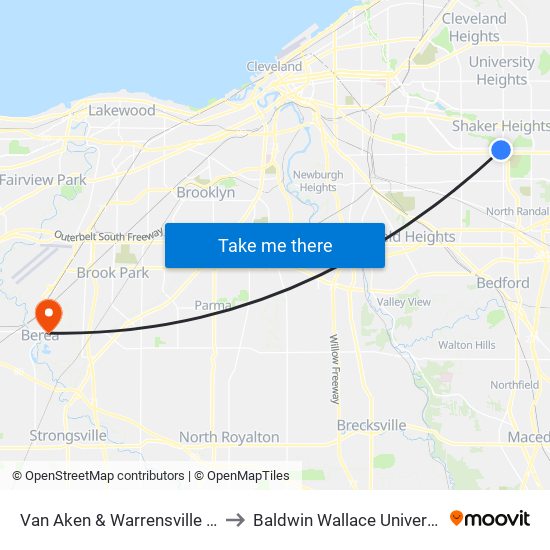 Van Aken & Warrensville Stn to Baldwin Wallace University map