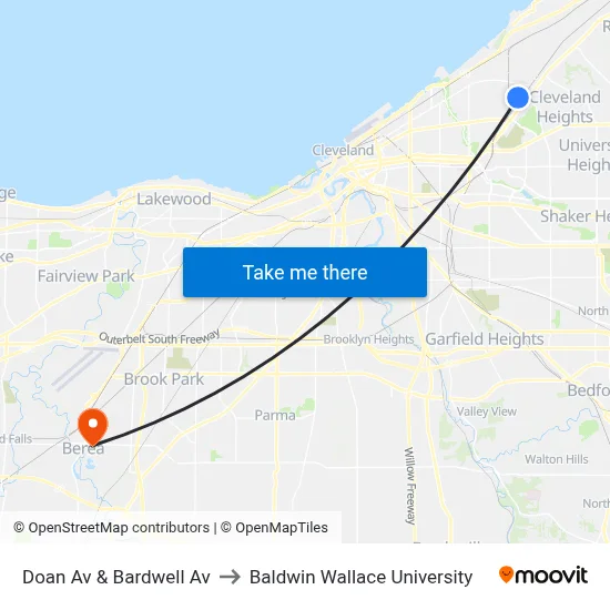 Doan Av & Bardwell Av to Baldwin Wallace University map