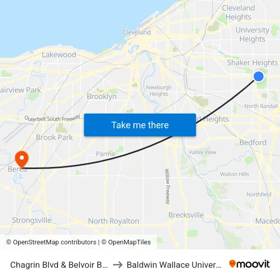 Chagrin Blvd & Belvoir Blvd to Baldwin Wallace University map