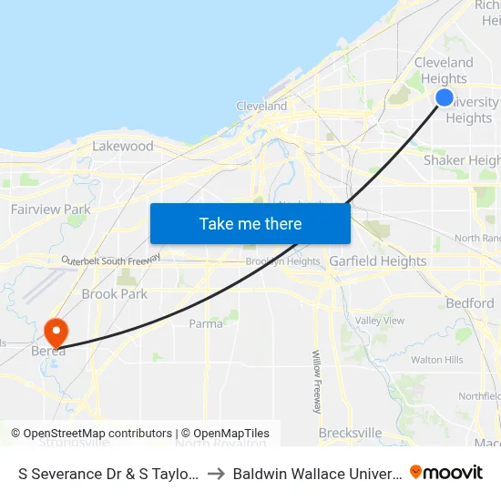 S Severance Dr & S Taylor Rd to Baldwin Wallace University map
