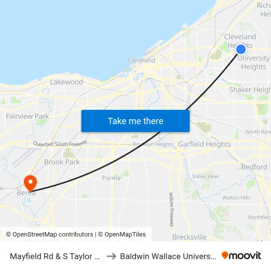 Mayfield Rd & S Taylor Rd to Baldwin Wallace University map