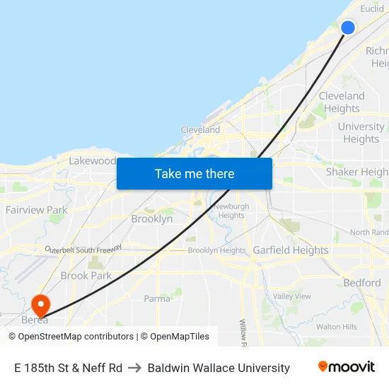 E 185th St & Neff Rd to Baldwin Wallace University map