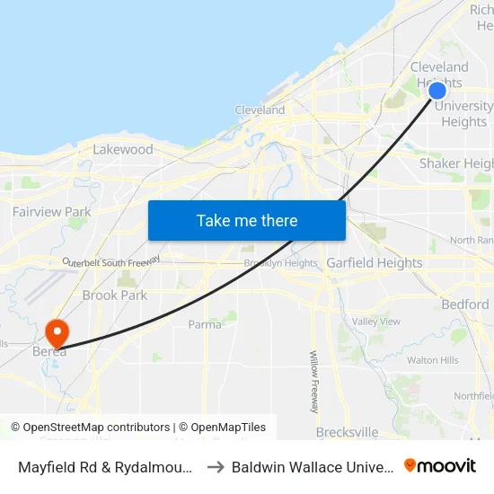 Mayfield Rd & Rydalmount Rd to Baldwin Wallace University map