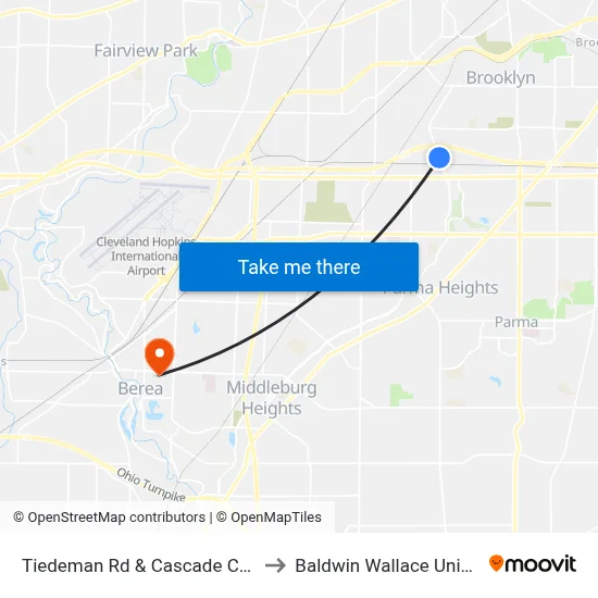 Tiedeman Rd & Cascade Crossing to Baldwin Wallace University map