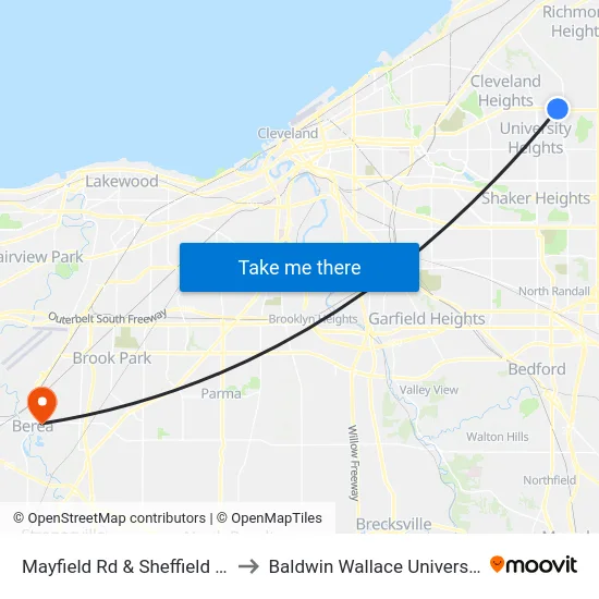 Mayfield Rd & Sheffield Rd to Baldwin Wallace University map