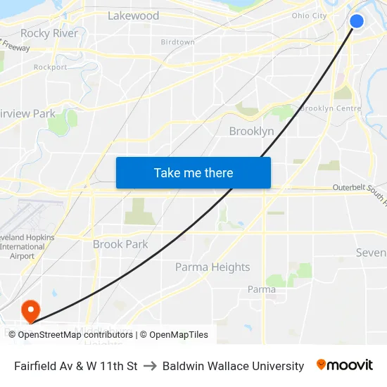 Fairfield Av & W 11th St to Baldwin Wallace University map