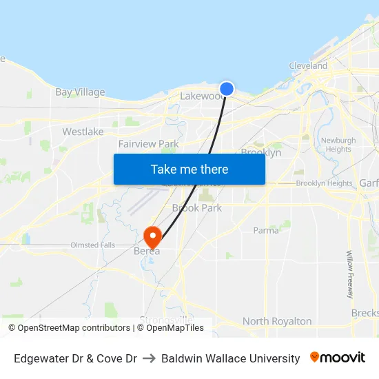 Edgewater Dr & Cove Dr to Baldwin Wallace University map