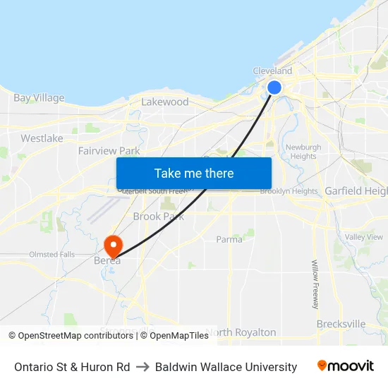 Ontario St & Huron Rd to Baldwin Wallace University map