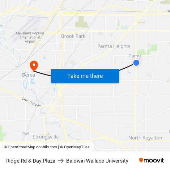 Ridge Rd & Day Plaza to Baldwin Wallace University map