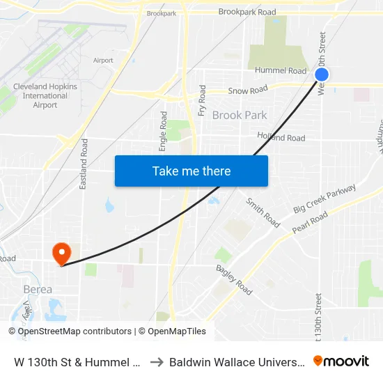 W 130th St & Hummel Rd to Baldwin Wallace University map