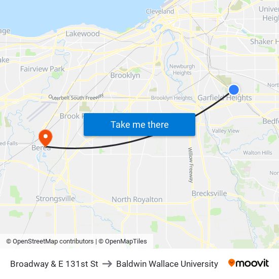 Broadway & E 131st St to Baldwin Wallace University map