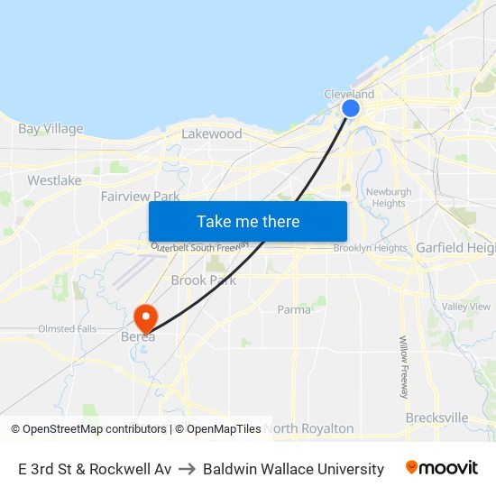 E 3rd St & Rockwell Av to Baldwin Wallace University map