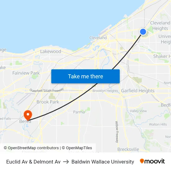 Euclid Av & Delmont Av to Baldwin Wallace University map