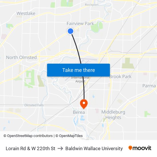 Lorain Rd & W 220th St to Baldwin Wallace University map