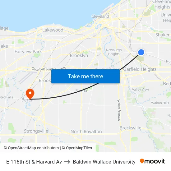 E 116th St & Harvard Av to Baldwin Wallace University map