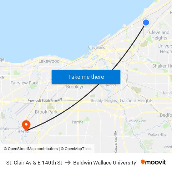 St. Clair Av & E 140th St to Baldwin Wallace University map