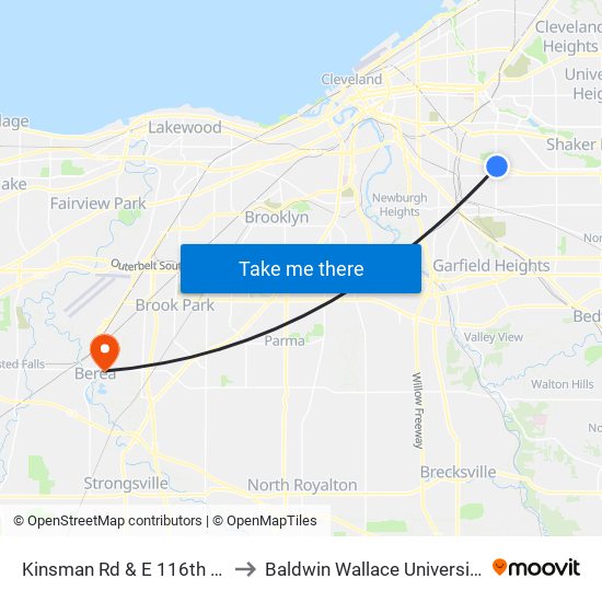 Kinsman Rd & E 116th St to Baldwin Wallace University map