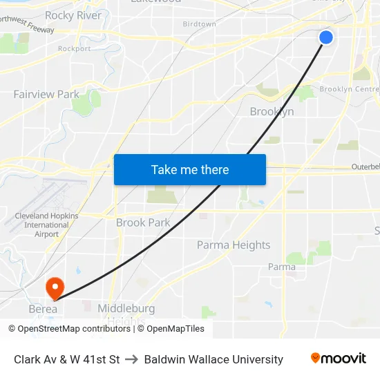 Clark Av & W 41st St to Baldwin Wallace University map