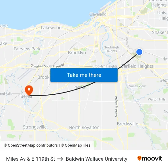 Miles Av & E 119th St to Baldwin Wallace University map