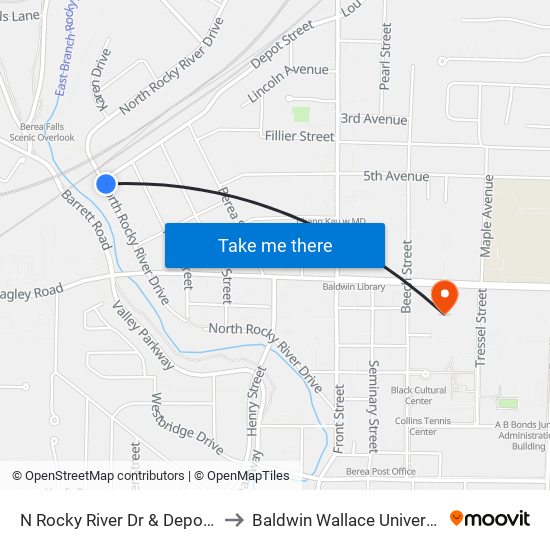 N Rocky River Dr & Depot St to Baldwin Wallace University map