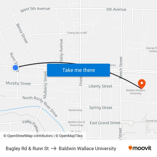 Bagley Rd & Runn St to Baldwin Wallace University map