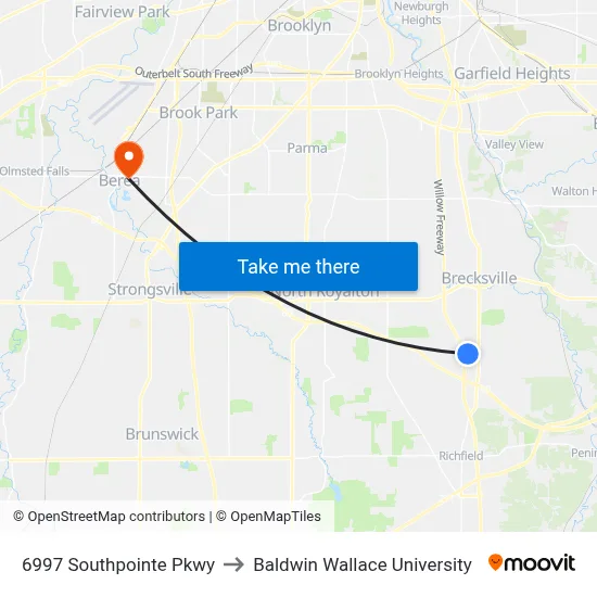 6997 Southpointe Pkwy to Baldwin Wallace University map