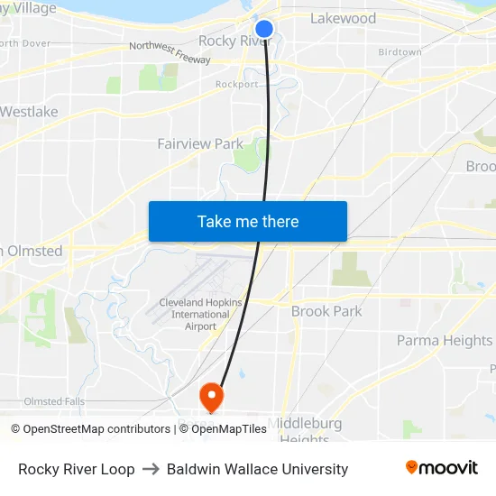 Rocky River Loop to Baldwin Wallace University map