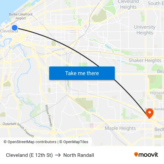 Cleveland (E 12th St) to North Randall map