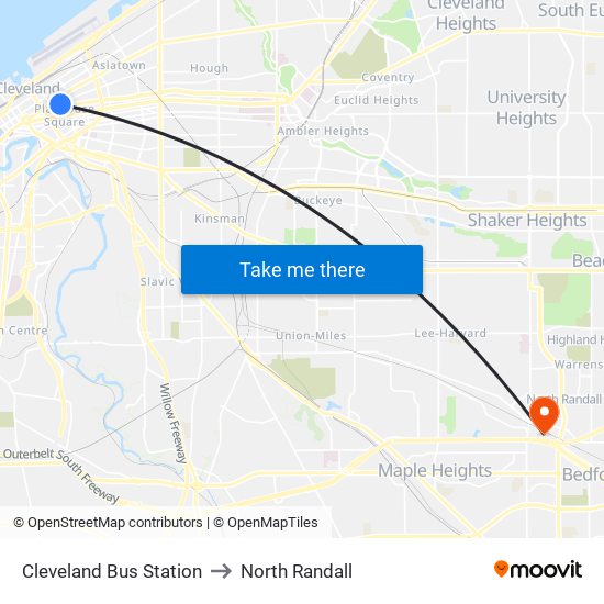 Cleveland Bus Station to North Randall map