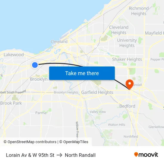 Lorain Av & W 95th St to North Randall map