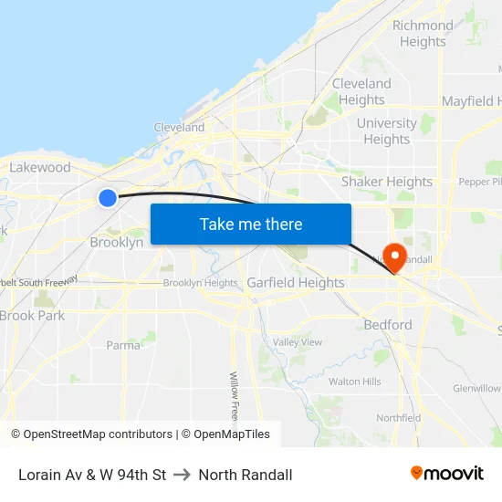 Lorain Av & W 94th St to North Randall map