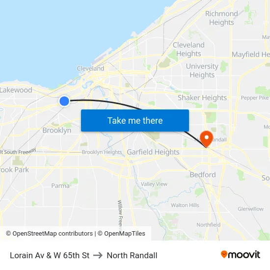 Lorain Av & W 65th St to North Randall map