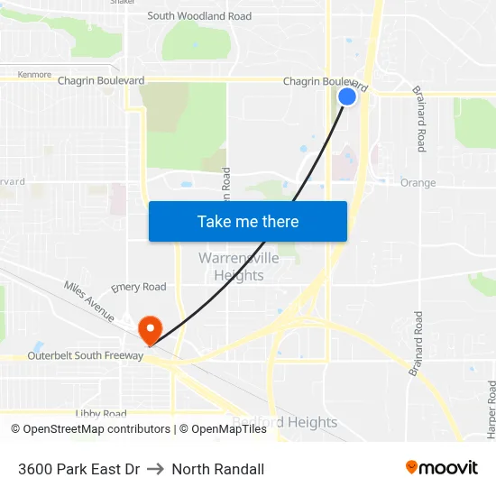3600 Park East Dr to North Randall map