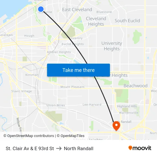 St. Clair Av & E 93rd St to North Randall map
