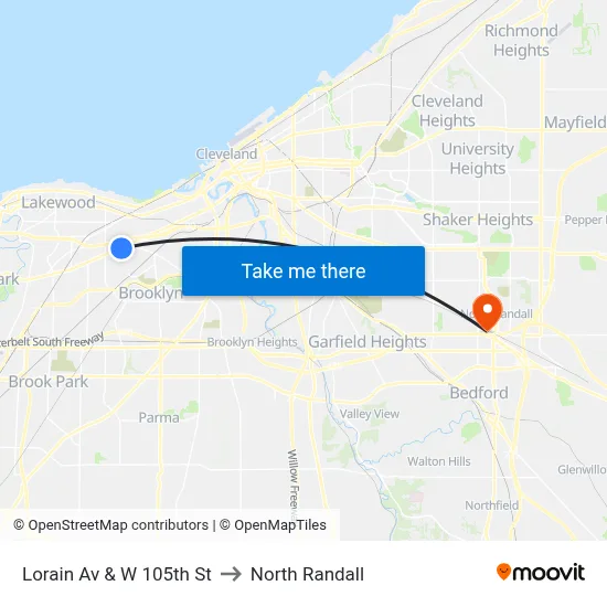 Lorain Av & W 105th St to North Randall map