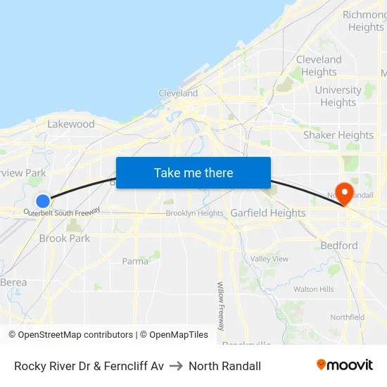 Rocky River Dr & Ferncliff Av to North Randall map