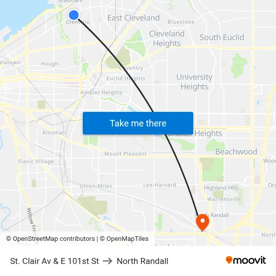 St. Clair Av & E 101st St to North Randall map