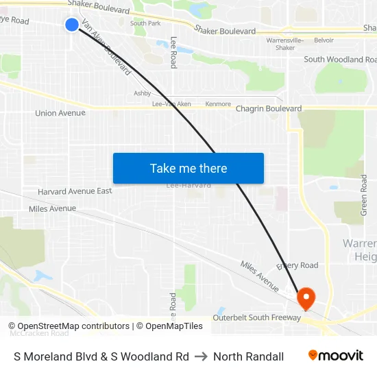 S Moreland Blvd & S Woodland Rd to North Randall map