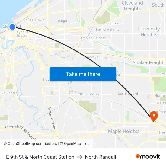 E 9th St & North Coast Station to North Randall map