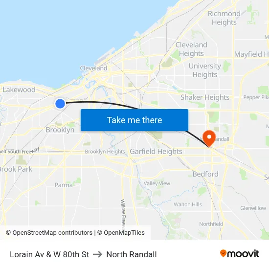 Lorain Av & W 80th St to North Randall map