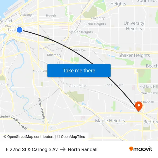 E 22nd St & Carnegie Av to North Randall map