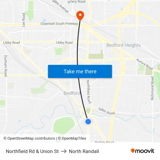 Northfield Rd & Union St to North Randall map