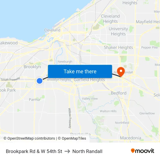 Brookpark Rd & W 54th St to North Randall map